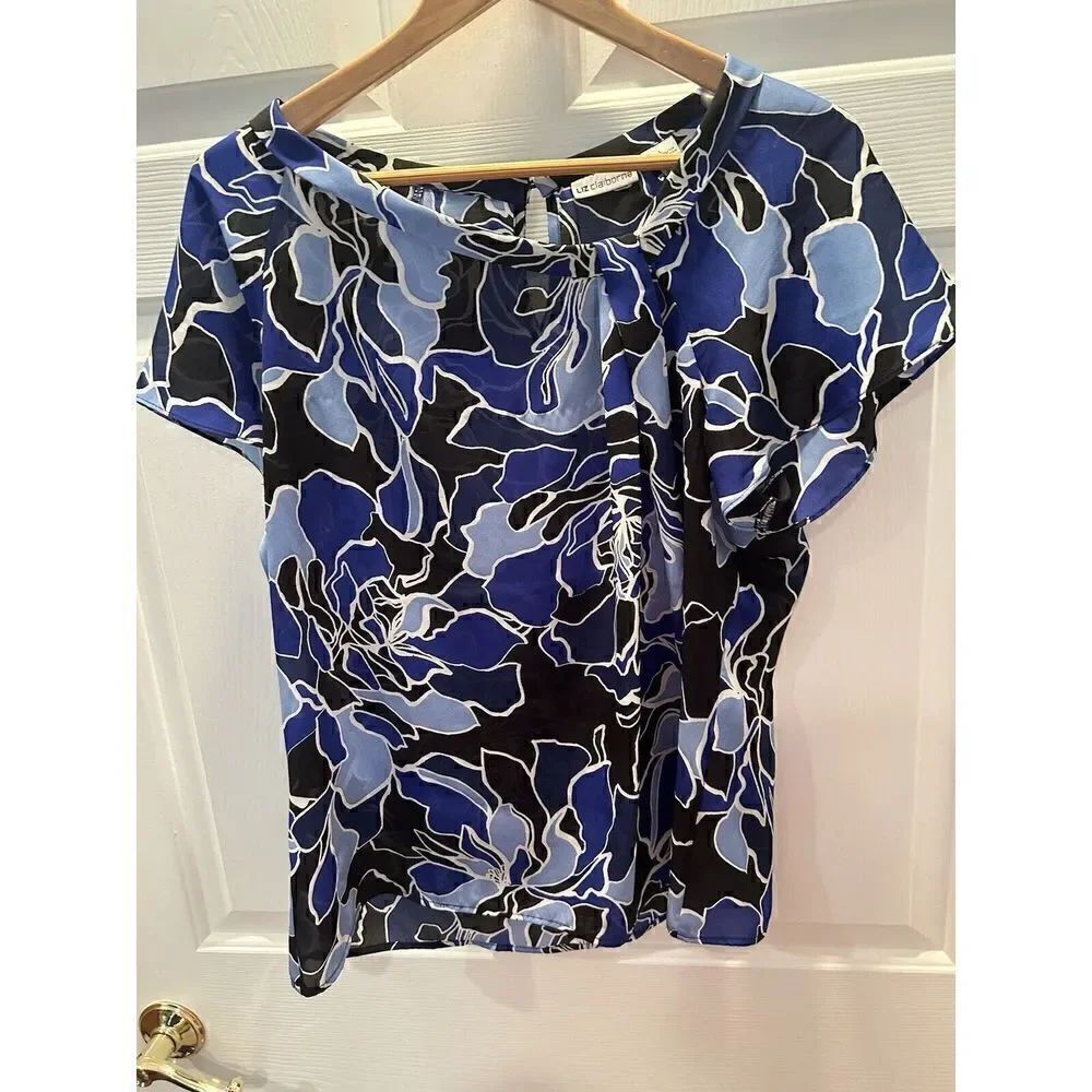 LIZ CLAIBORNE Career Women Size L Tunic Sheer Floral Blouse Top Shirt